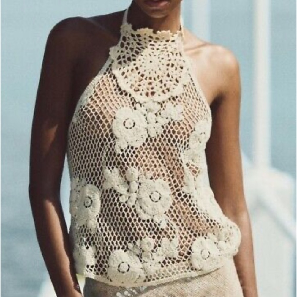 Zara Cream Cropped Embellished Tank Top